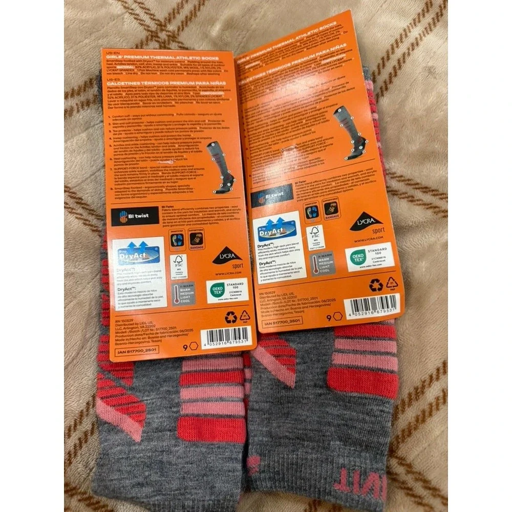 Crivit Girls Premium Thermal Athletic Socks 2 Pk Gray Pink 3Y 4Y Ski Hiking Wool
